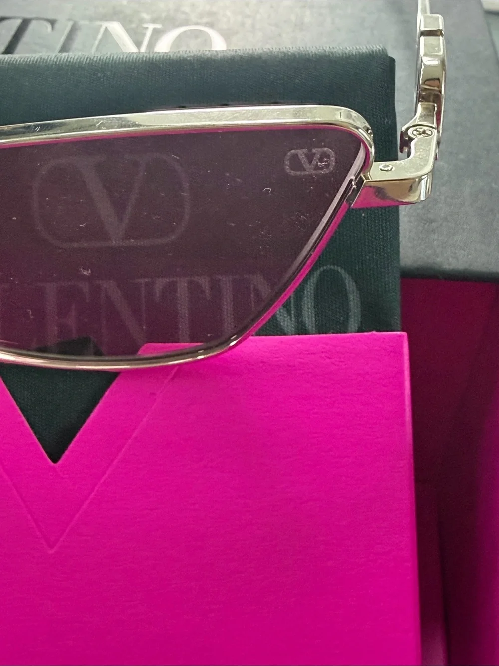 Valentino Pink Lens Silver Cat-Eye Sunglasses